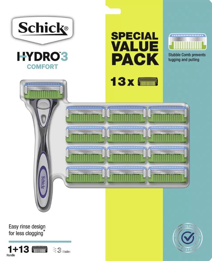 SCHICK Hydro3 Comfort Razor + 13 Refill Blades. N.B: Damaged packaging.