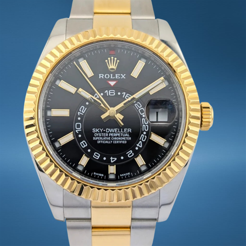 ROLEX SKY-DWELLER 42MM YELLOW ROLESOR 326933 AUTOMATIC BLACK DIAL BXP & COA