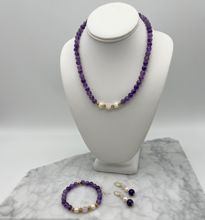 Amethyst, Rose Quartz, Pearls Jewellery Set