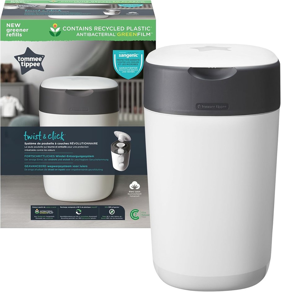 TOMMEE TIPPEE Twist and Click Advanced Nappy Bin, Eco-Friendlier System, Wh