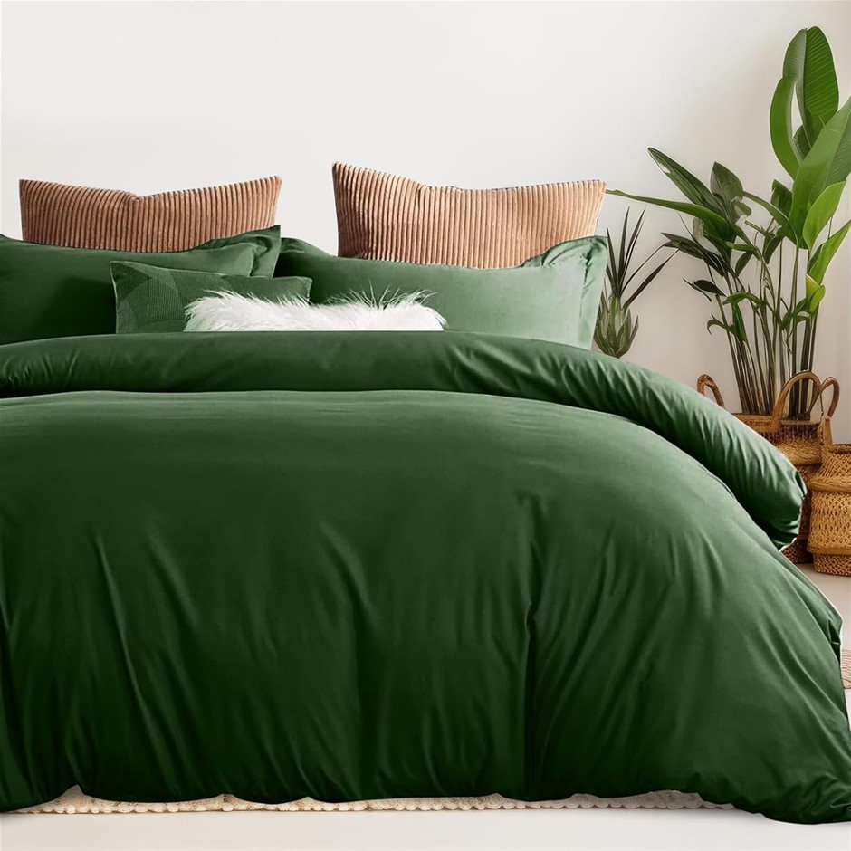 LINENOVA 100% 3pc Cotton Queen Quilt Cover Set Olive Green