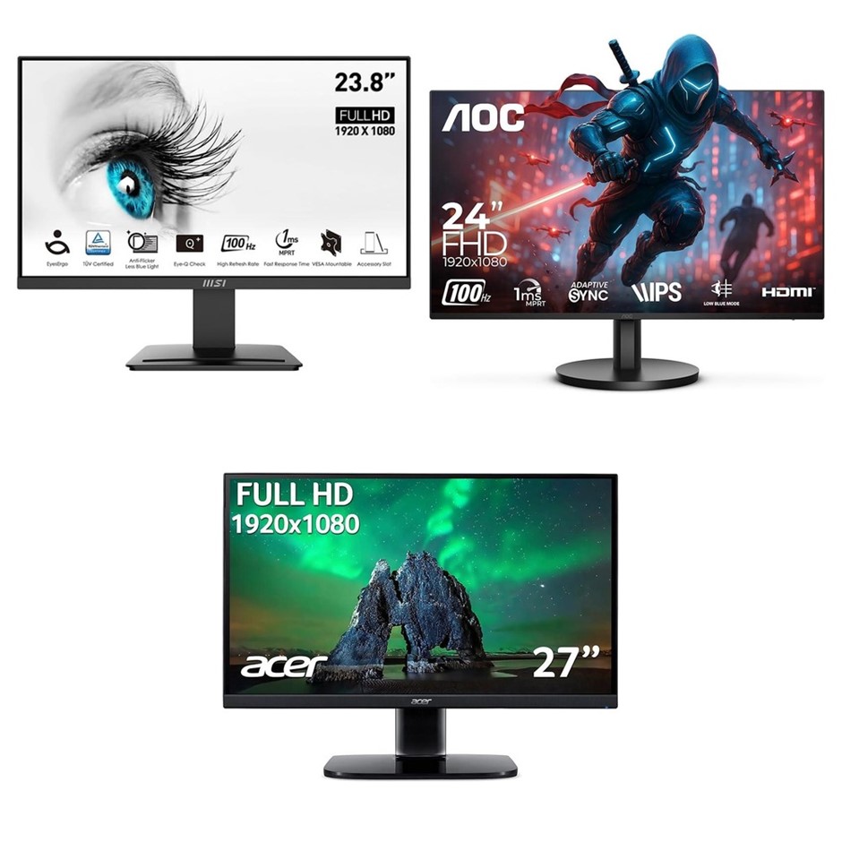 3 x Assorted Monitors. 1 x MSI 23.8" PRO MP2412 100Hz FHD VA Monitor. 1 x A