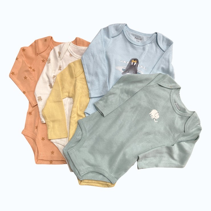 5 x PEKKLE Baby Bodysuits, Size 9M, 100% Organic Cotton, Assorted Colours,