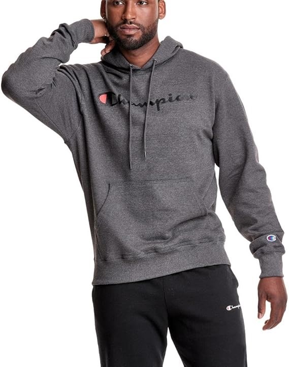 CHAMPION Men's Powerblend Fleece Script Hoodie, Size XL, Granite Heather Sc