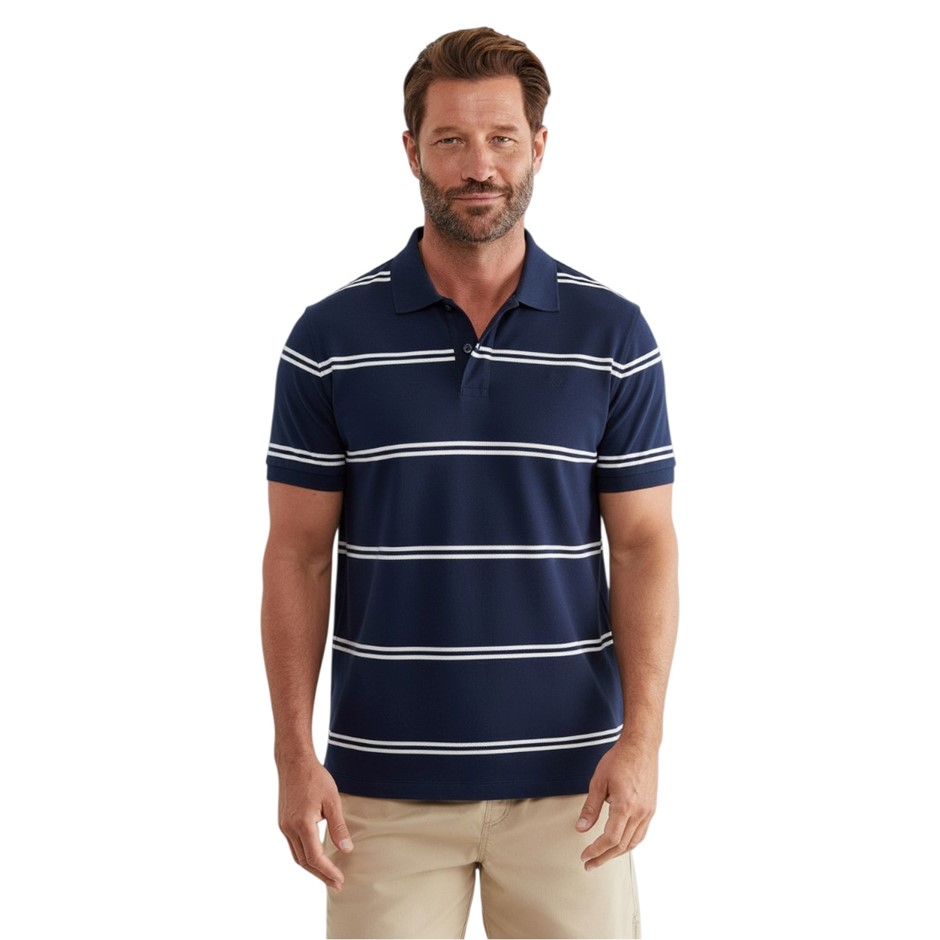 SPORTSCRAFT Men's Hall Polo, Size M, Mid Navy/White Stripe, 100% Cotton, AG