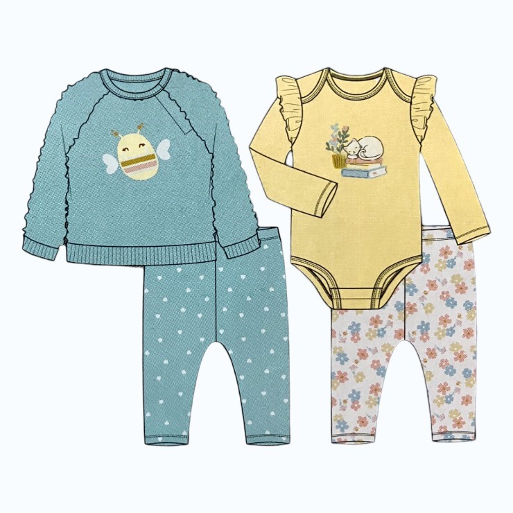 PEKKLE 4pc Infant Set, Size 9M, Plush Top w/ Bodysuit & Pants, DTB Bee. Bu