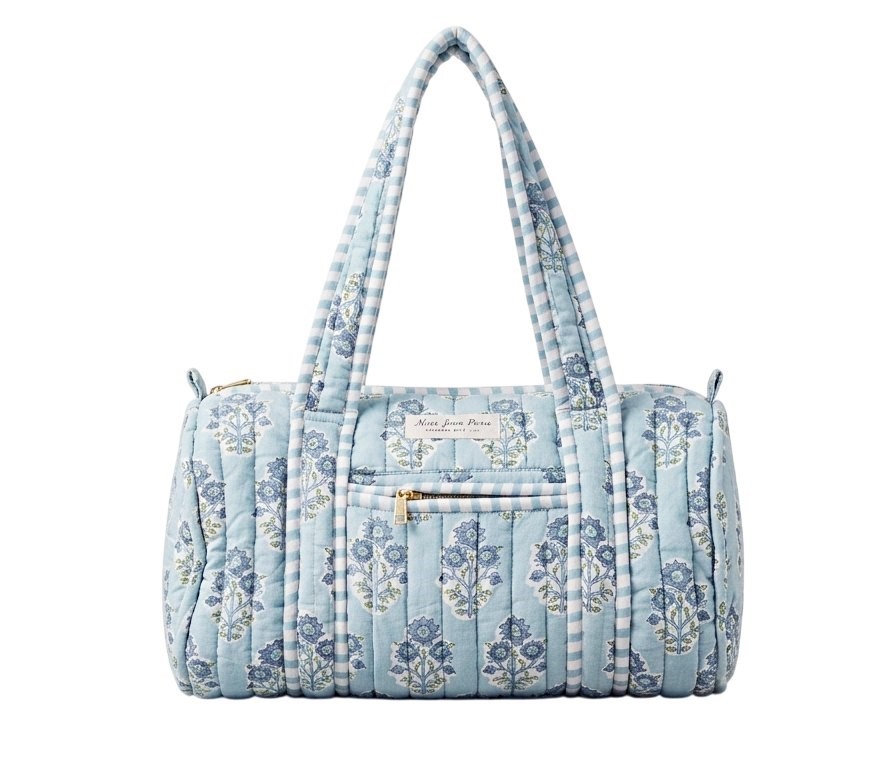 MISS SUNDARA Block Print Weekender Organic Cotton Bowling Bag, Blue/White