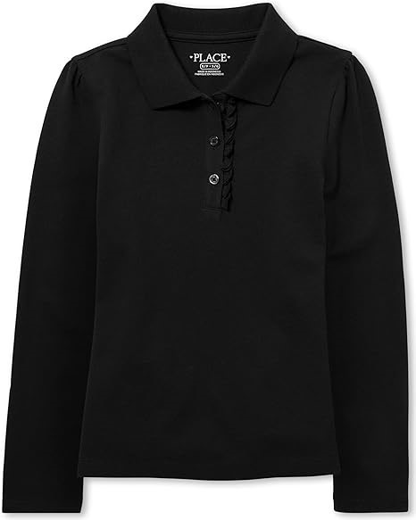 THE CHILDREN'S PLACE Girls Long Sleeve Ruffle Pique Polo, 2XL, Black, 20443