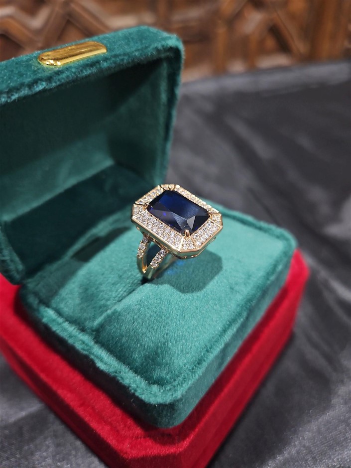 18K/Italy 8.0ct Blue Emerald Cut Yellow Gold Filled Ring(stamped)-7US
