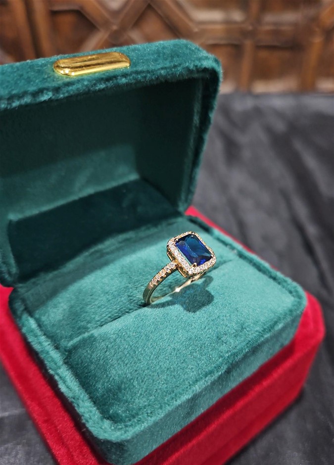 18K/Italy 2.5ct Blue Emerald Cut Yellow Gold Filled Ring(stamped)-7US