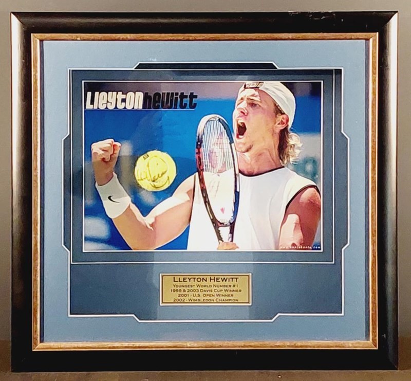 LLEYTON HEWITT HANDSIGNED TENNIS BALL IN FRAMED DISPLAY
