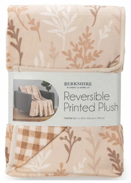 BERKSHIRE LIFE Reversible Printed Plush Throw, 152cm x 178cm, Leaves. NB: n