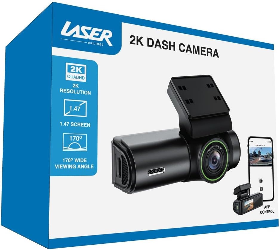 Laser 2K Dash Camera with Wide 170 Degree View WiFi App Control Loop Record