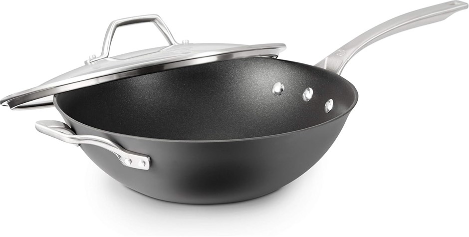 CALPHALON Signature Hard Anodized Nonstick Covered Flat Bottom Wok, 12", Bl
