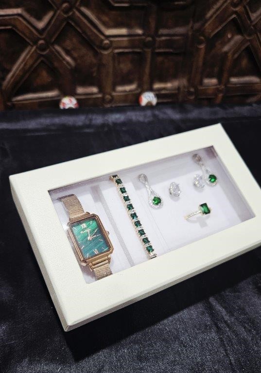 5-Piece Jewellery Set.Watch,Bracelet, Ring & Two Earringsw/ Box