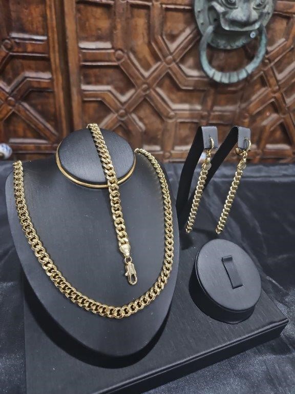 14K/Italy Set Yellow Gold Filled Chain & Bracelet & Earrings-Bonus Gift