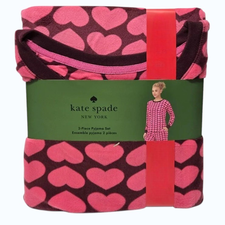 KATE SPADE Women's 2pc Velour Long PJ Set, Size M, Pink/Hearts. NB: has bee
