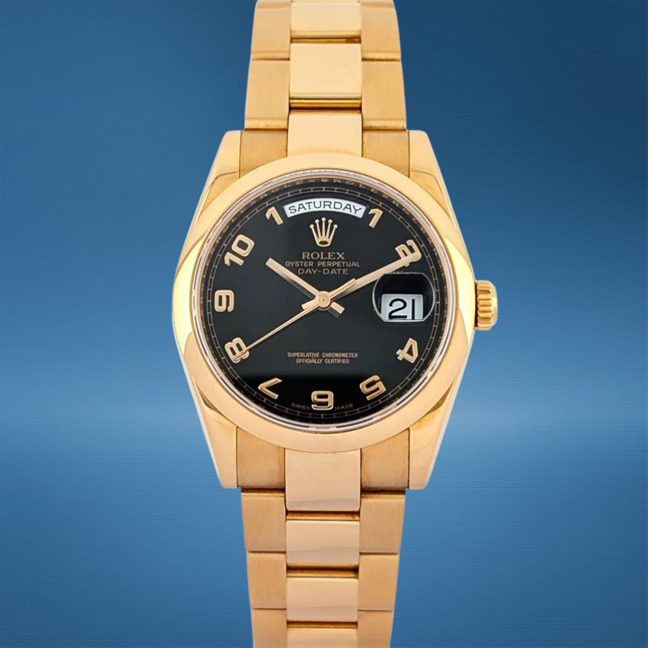 ROLEX DAY-DATE 36 36MM EVEROSE GOLD 118205 AUTOMATIC BLACK DIAL BXP & COA