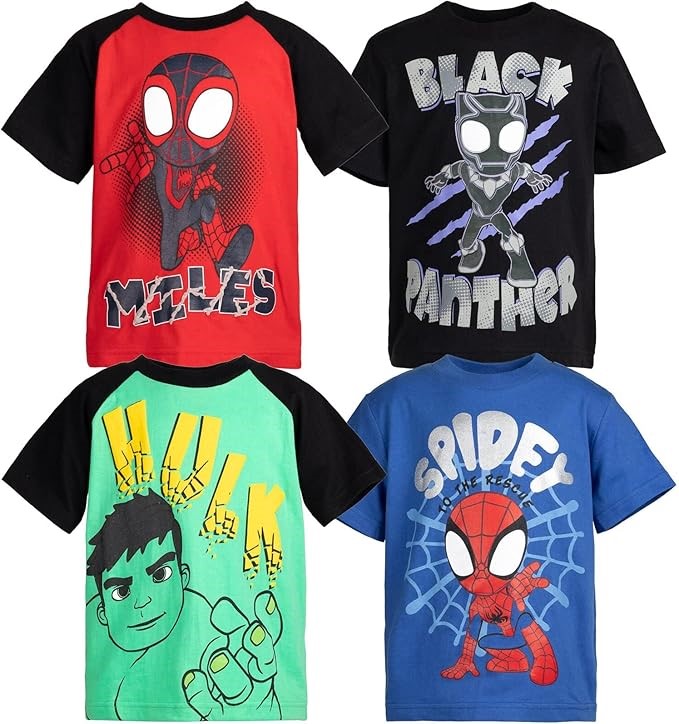 4 Pack x MARVEL AVENGERS Kid's Spidey and His Amazing Friends T-Shirts, Siz