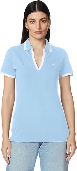 NAUTICA Women's Classic Fit Striped V-Neck Collar Stretch Cotton Polo Shirt