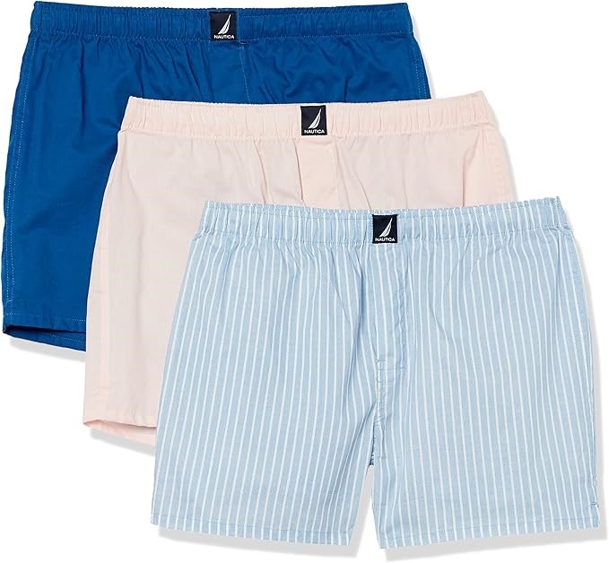 3 Pack x NAUTICA Men's Cotton Woven Boxer, Small, Oasis Pink/Ocean Lapis/Pi