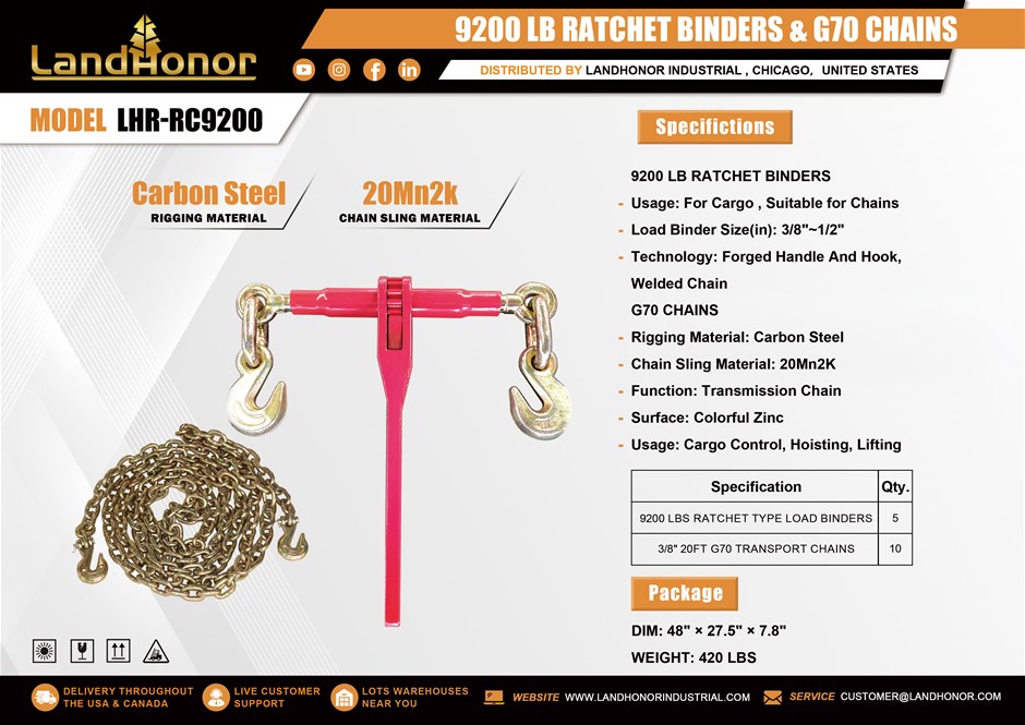 2026 Unused LandHonor 9200LB Ratchet Binders & 3/8" G70 Chains LHR-RC9200
