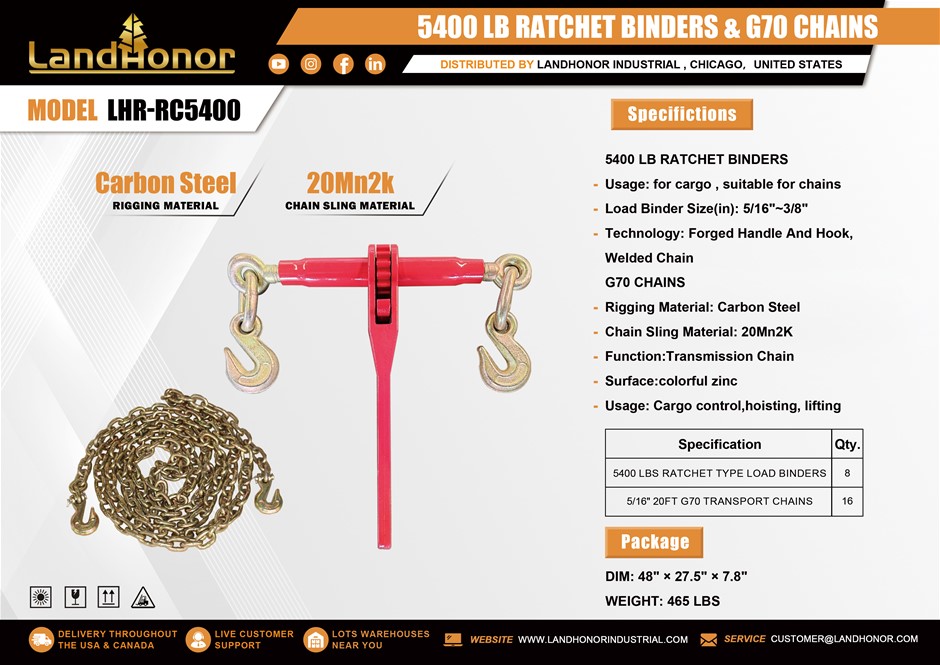 2026 Unused LandHonor 5400 LB Ratchet Binders & 5/16" G70 Chains LHR-RC5400