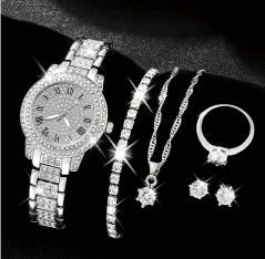 6-Piece Set.Watch, Necklace, Bracelet, Ring & Earrings(Gift Box Included)