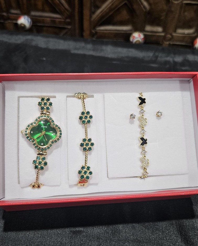 4-Piece Jewellery Set.Watch,Two Bracelet & Earrings(Gift Box Included)