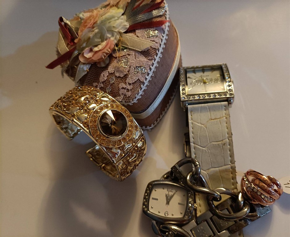 Guess and Jag Watches used, Bracelet as New, Box as New, Ring 17 New