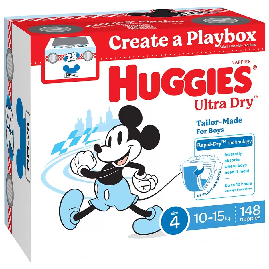 Box of 148pk HUGGIES Ultra Dry Nappies For Boys, Size 4, 10-15kg, Mickey Mo