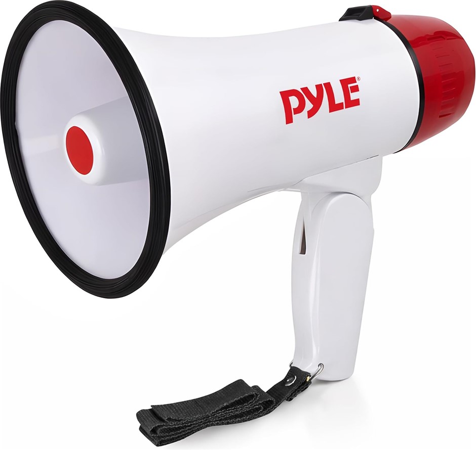 PYLE Megaphone Speaker With Siren Alarm, White/Red.