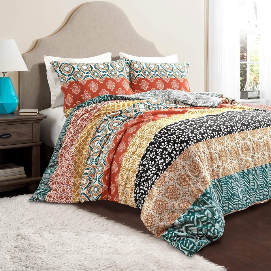 BOHEMIAN Stripe Reversible Cotton Duvet Cover Turquoise/Orange, 3 Piece Set