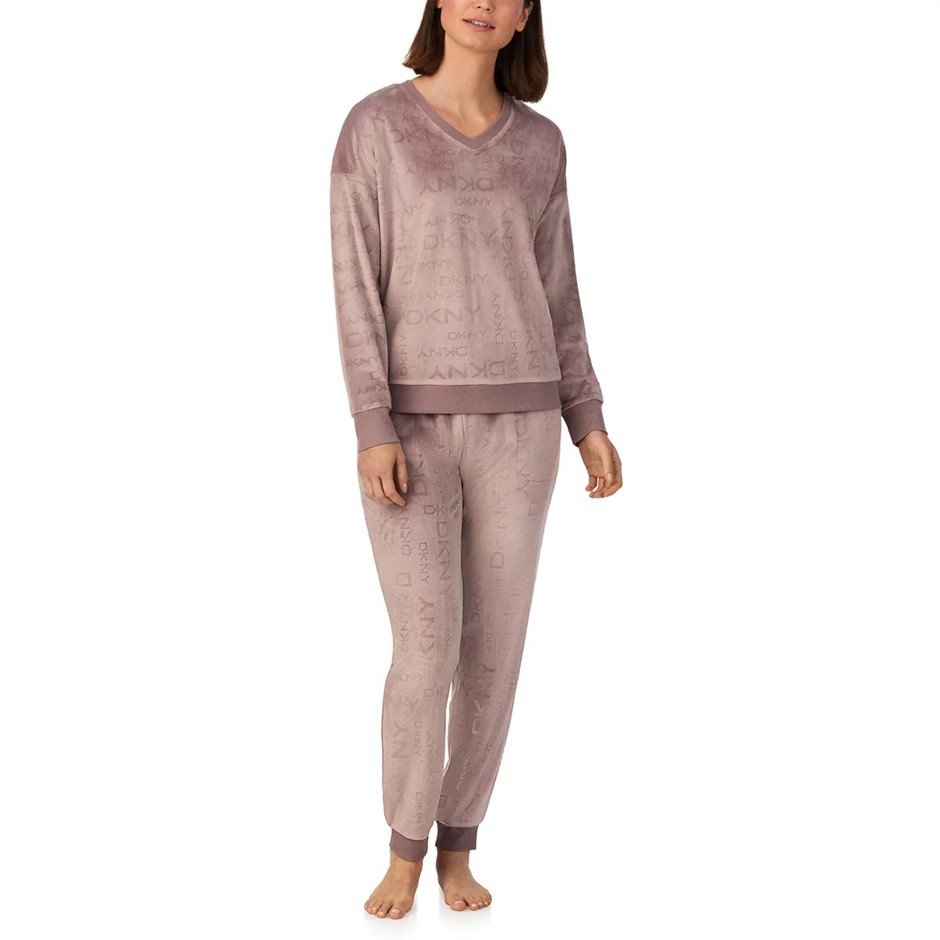 DKNY Women's 2pc Stretch Velour Lounge Set, Size M, Taupe Purple. NB: tear