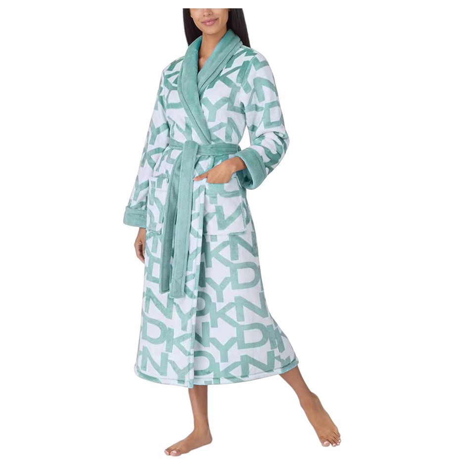 DKNY Women's Long Plush Robe, Size M, Blue/White. NB: faint dirt marks.