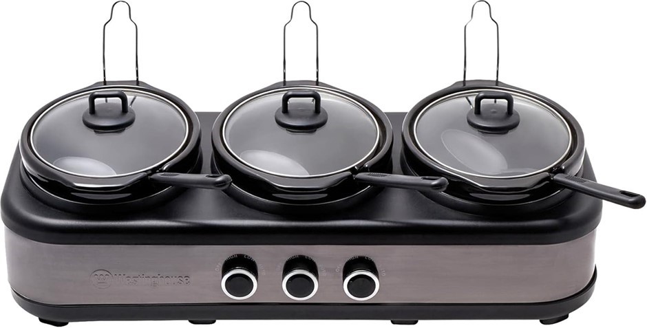 WESTINGHOUSE Stainless Steel 3-Pot Slow Cooker with Lid and Spoon, 2.5 Lite