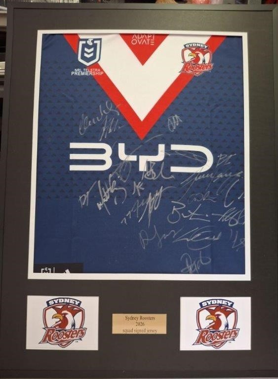 SYDNEY ROOSTERS SIGNED & FRAMED 2026 JERSEY