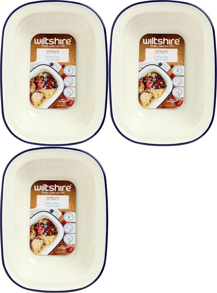 3 x WILTSHIRE Enamel Oblong Pie Dish, 1L Capacity, White/Blue