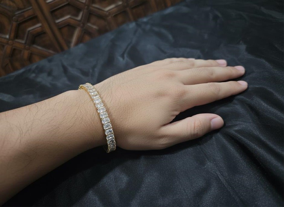 18k Italy Stamped  Yellow Gold Filled Tennis Bracelet-Emerald Cut-17.8cm
