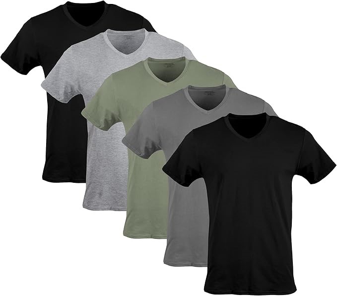 5-Pack GILDAN Men's V-Neck Tees, Size L, Black/SportGrey/Charcoal/MilitaryG