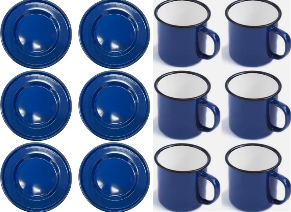 BUNDLE of 6x Flat Enamel Plate Blue 22cm + 6x Enamel Mug Cup 8cm White Blue