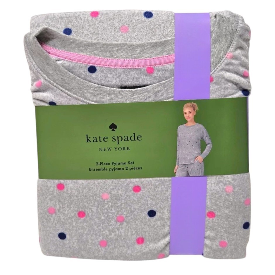 KATE SPADE Women's 2pc Velour Long PJ Set, Size S, Grey/Dots. Buyers Note