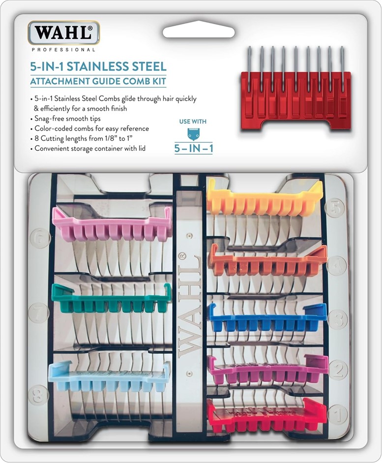 Wahl Arco Stainless Steel Comb Set. NB: 1x missing, damaged packaging.