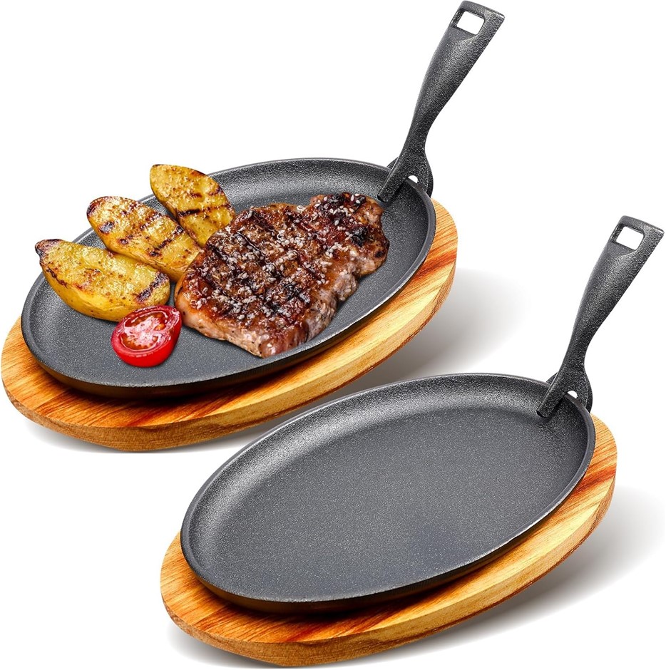 2 Sets Cast Iron Skillet Set, 24 x 14cm Fajita Plate Sizzling Pan with Wood