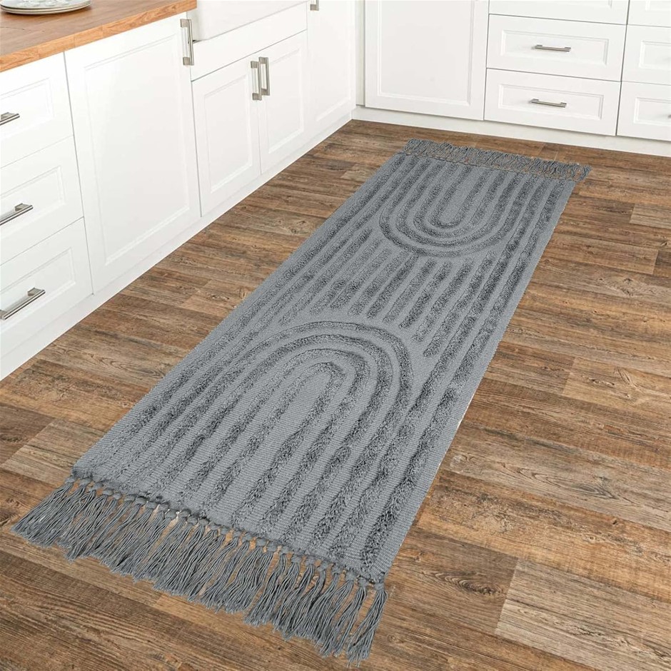 LEEVAN Boho Runner Rug 5.7 x 15.7 cm Grey Tasseled Bedroom Rugs Moroccan Ha