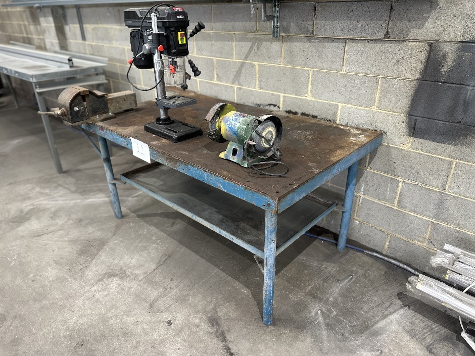 Solid Metal Table with Clamping Vice, Drilling and Grinder Machine