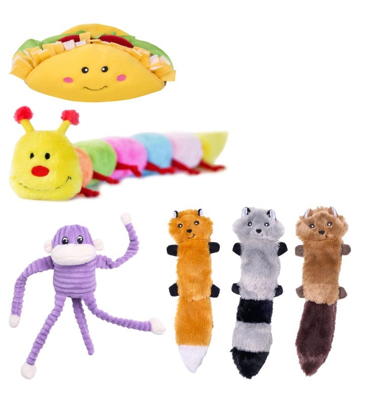 4 X ASSORTED ZIPPY PAWS DOG TOYS; 1 x Skinny Peltz 3 Pack, 1 x NomNomz Taco