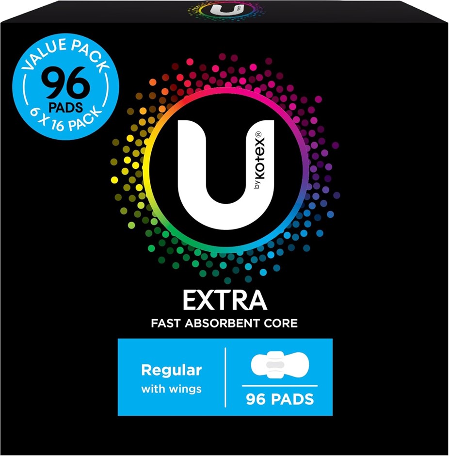 U BY KOTEX Extra Pads Regular w/ Wings 96 Count (6 x 16pc). N.B: Damaged pa