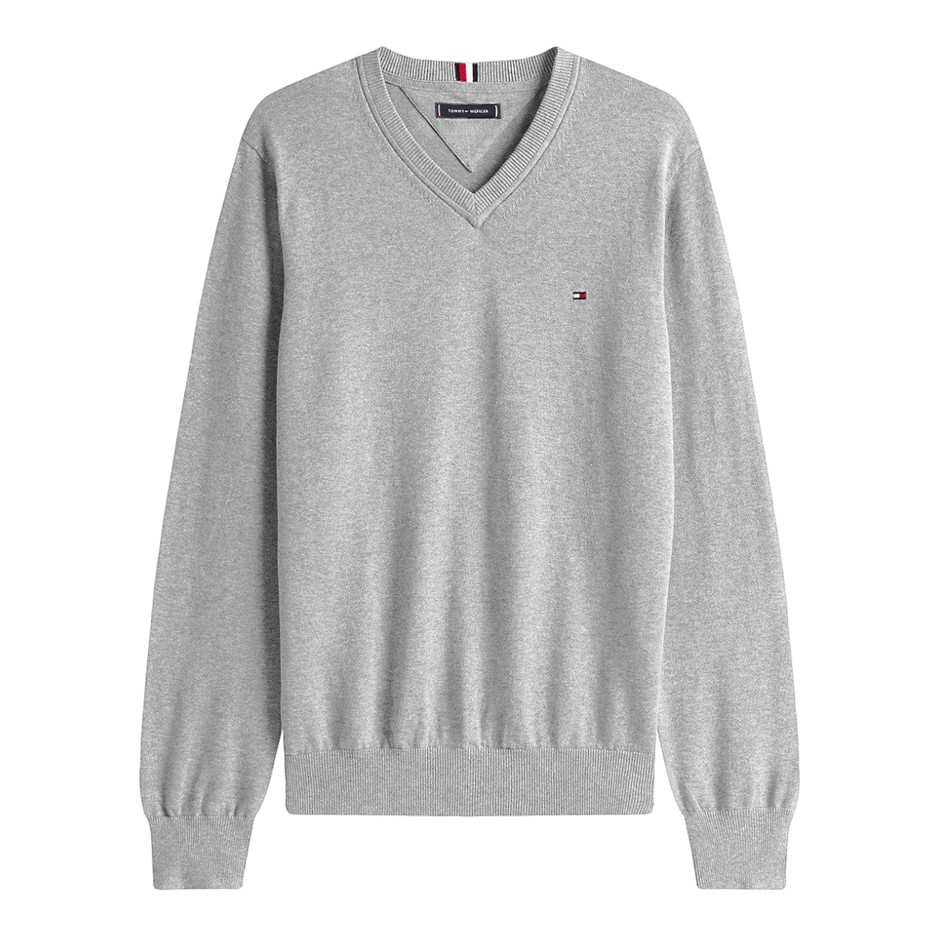 TOMMY HILFIGER Men's Syracuse V-Neck Sweater, Size S, 100% Cotton, Light Gr