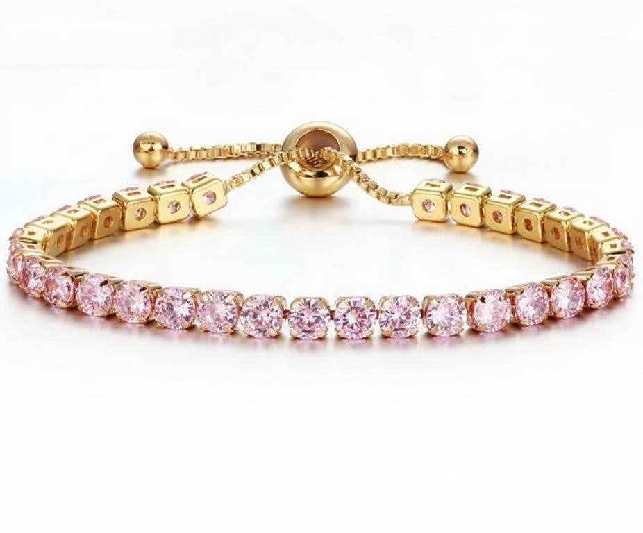 925 Sterling Silver Tennis Bracelet Pink Simulated Diamonds-adjustable
